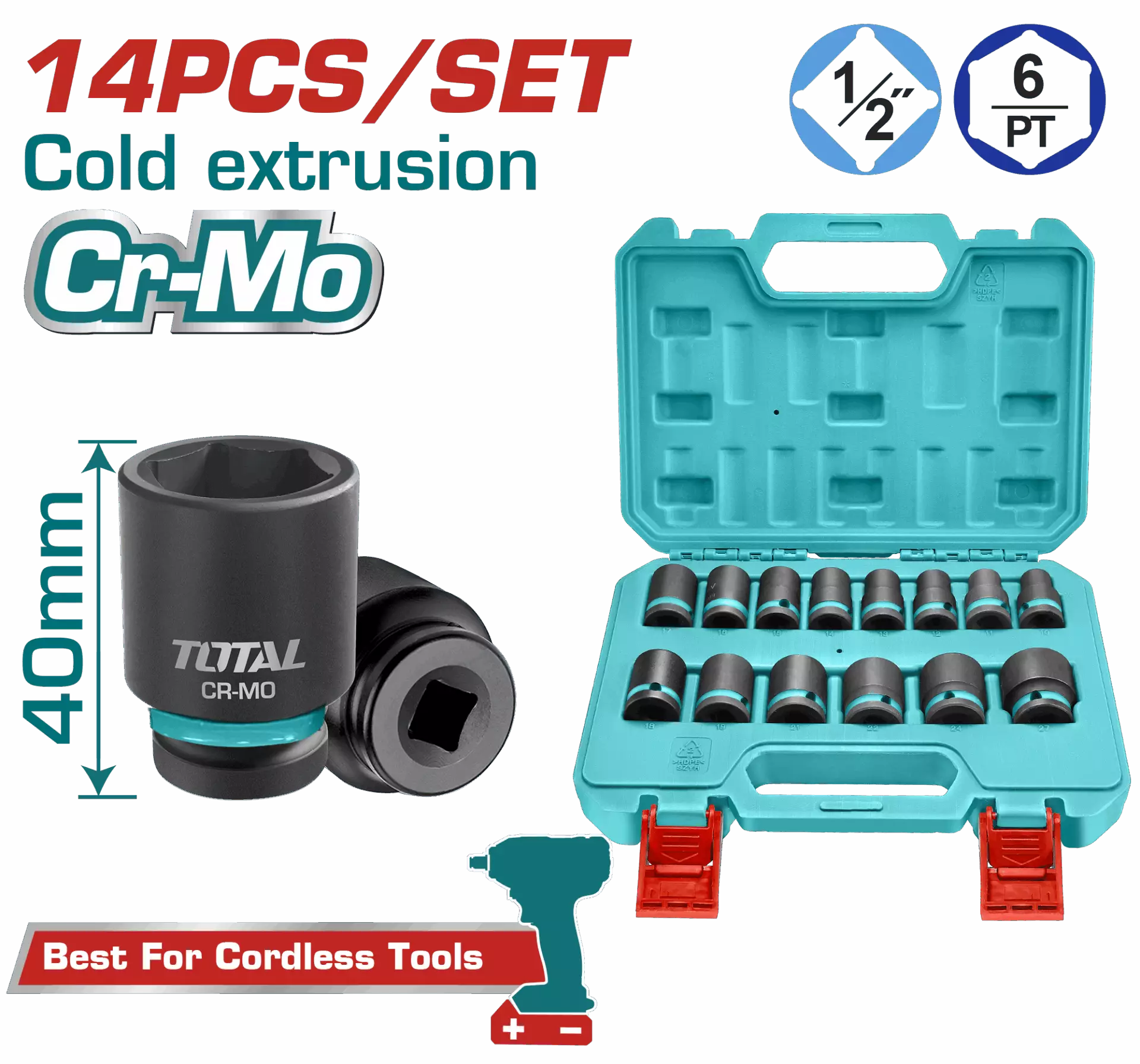 TOTAL Impact Socket Set 1/2 Inch Drive 14 Piece - Image 2