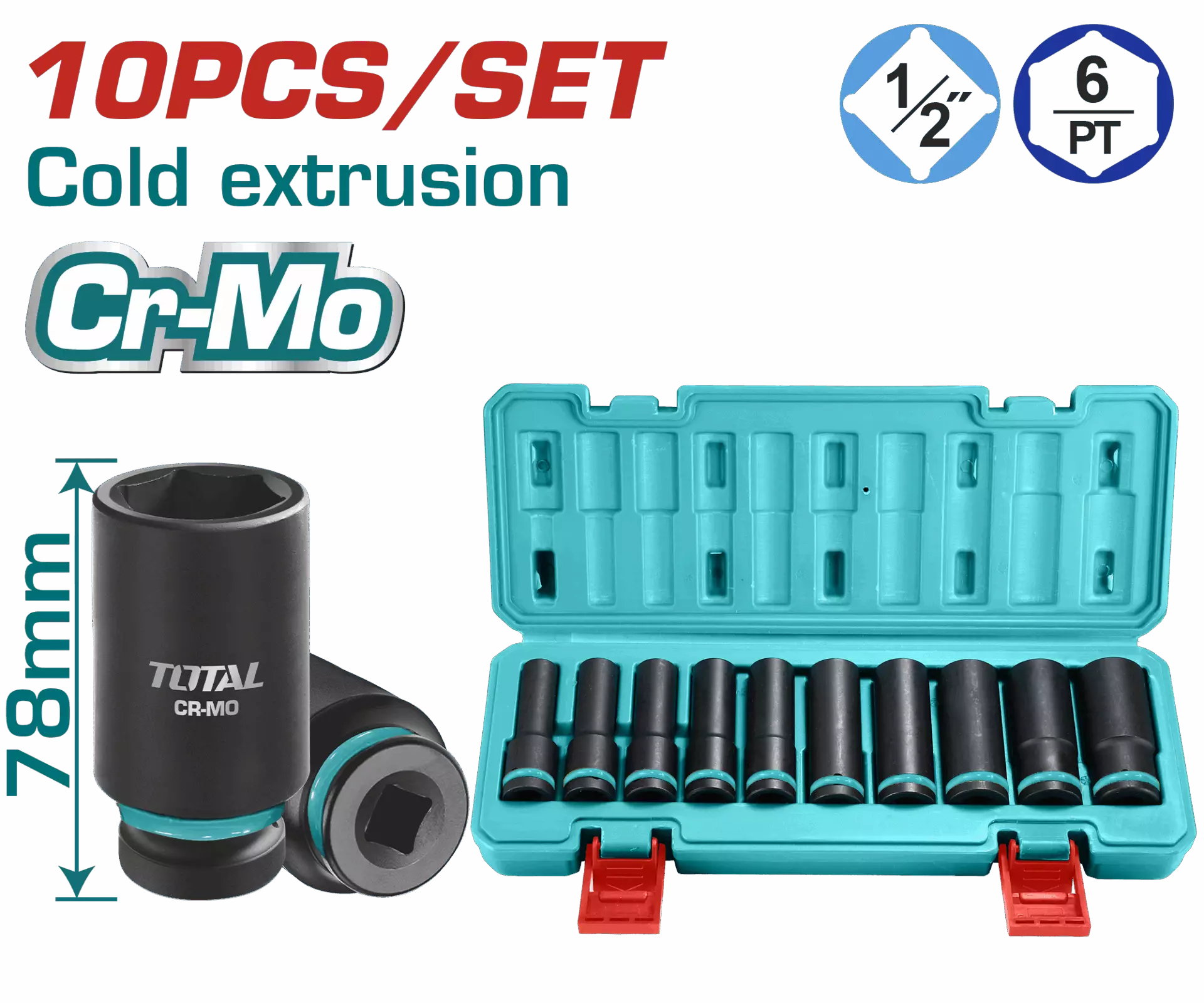 TOTAL Deep Impact Socket Set 1/2 Inch Drive 10 Piece - Image 2