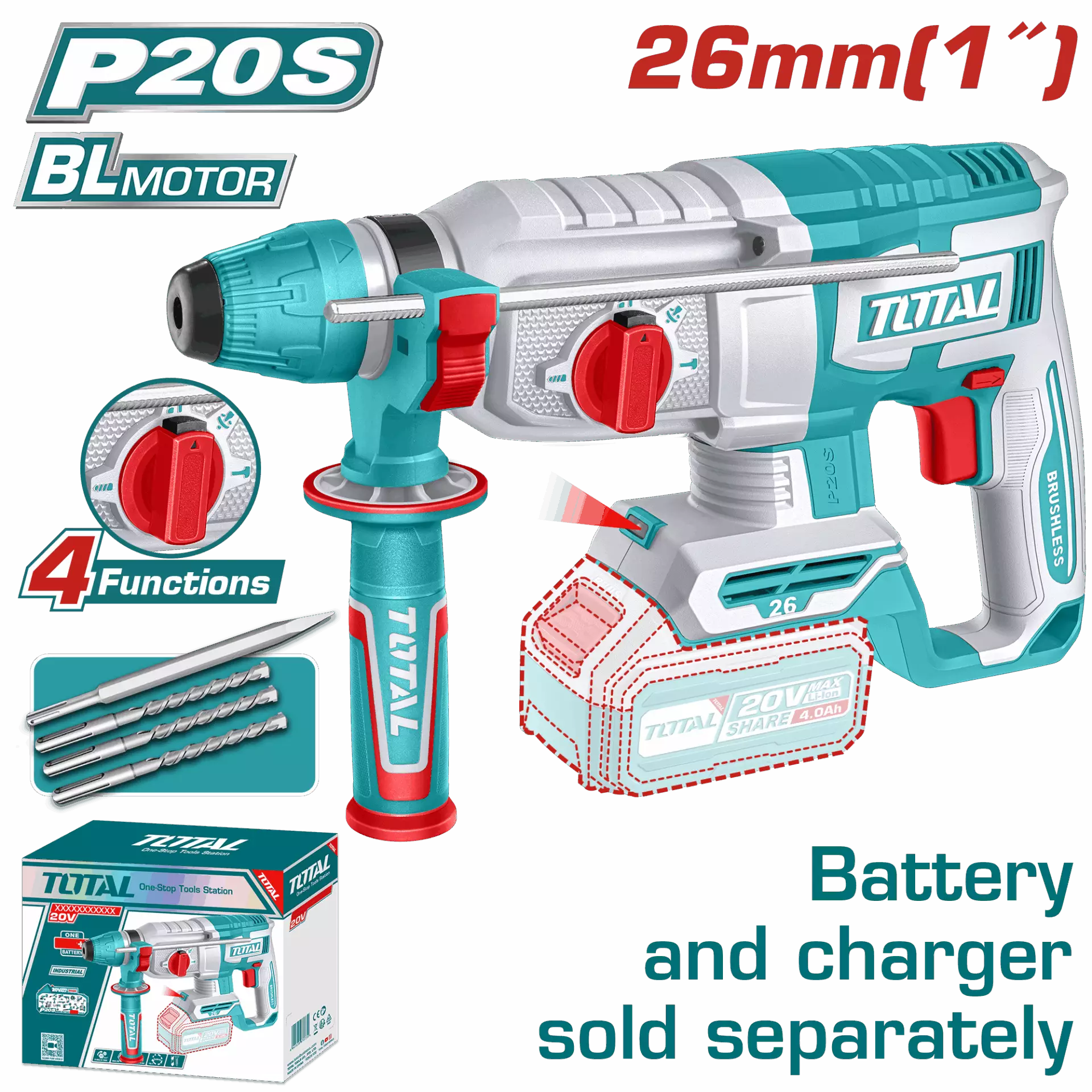 TOTAL Rotary Hammer Drill 26mm 2.5J Li-Ion 20V (Unit Only) - Image 2