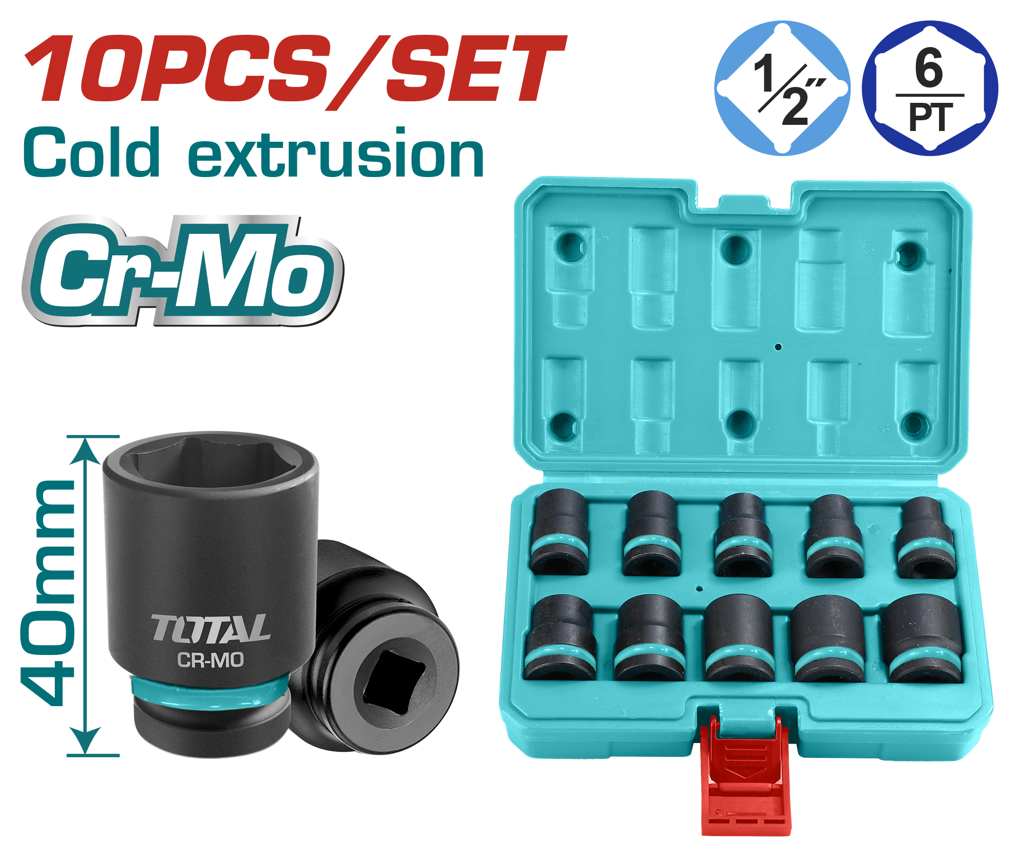 TOTAL Impact Socket Set 1/2 Inch Drive 10 Piece - Image 2